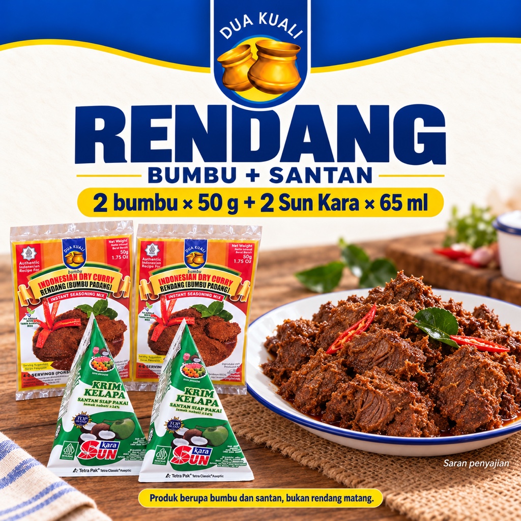 Paket dua bumbu Rendang Dua Kuali dan dua santan Sun Kara, dengan ilustrasi hidangan rendang